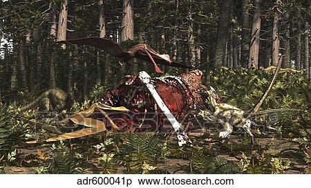 Deinonychus & Coloborhynchus birds feed on a dinosaur carcass. View Large Illustration Stock Illustration - Deinonychus & Coloborhynchus birds feed on a dinosaur carcass.. Fotosearch