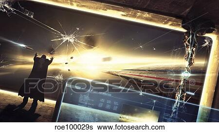 Desperate captain escapes from a lost battle in space. View Large Illustration Stock Illustration - Desperate captain escapes from a lost battle in space.. Fotosearch
