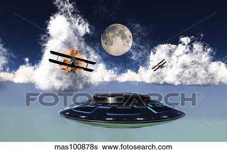 DH 82 Tiger Moth biplane's attack a flying saucer. View Large Illustration Stock Illustration - DH 82 Tiger Moth biplane's attack a flying saucer.. Fotosearch