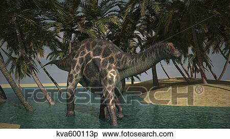 Stock Illustration - Dicraeosaurus grazing in a tropical climate.. Fotosearch