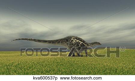 Stock Illustration - Dicraeosaurus walking across a grassy field.. Fotosearch