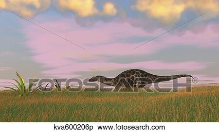 Dicraeosaurus walking across prehistoric grasslands. View Large Illustration Stock Illustration - Dicraeosaurus walking across prehistoric grasslands.. Fotosearch