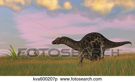 Stock Illustration - Dicraeosaurus walking across prehistoric grasslands.. Fotosearch