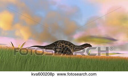 Stock Illustration - Dicraeosaurus walking across prehistoric grasslands.. Fotosearch