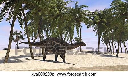 Stock Illustration - Dicraeosaurus walking along the shoreline.. Fotosearch