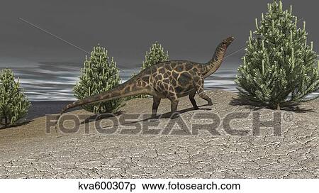 Stock Illustration - Dicraeosaurus walking amongst pine trees.. Fotosearch