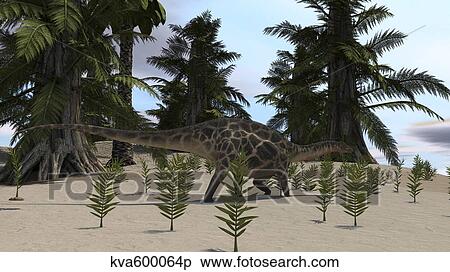 Stock Illustration - Dicraeosaurus walking through a desert environment.. Fotosearch