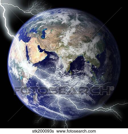 Digitally enhanced image of the full Earth with a lightening bolt. View Large Photo Image Stock Photograph - Digitally enhanced image of the full Earth with a lightening bolt.. Fotosearch
