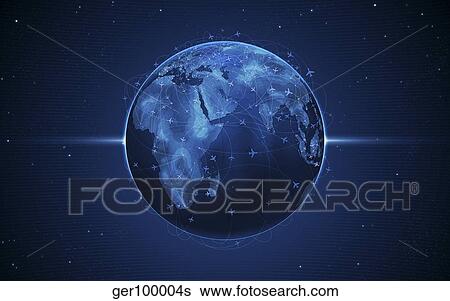 Digitally generated image of airline flight paths around the globe. View Large Illustration Stock Illustration - Digitally generated image of airline flight paths around the globe.. Fotosearch