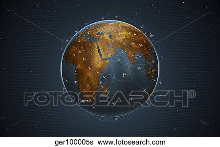 Digitally generated image of airline flight paths around the globe. View Large Illustration Stock Illustration - Digitally generated image of airline flight paths around the globe.. Fotosearch