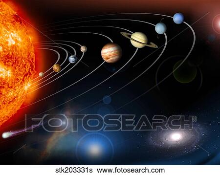 Stock Illustration - Digitally generated image of our solar system and points beyond.. Fotosearch
