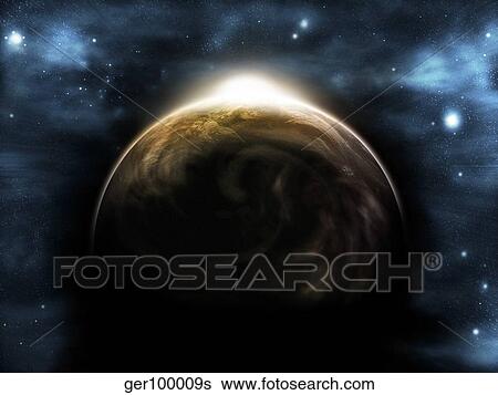 Stock Illustration - Digitally generated image of the sunrise over a planet.. Fotosearch
