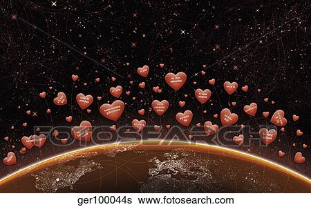 Stock Illustration - Digitally generated image of valentine hearts over Earth's horizon at night.. Fotosearch