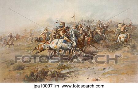 Stock Illustration - Digitally restored American history print of the Battle of Little Bighorn.. Fotosearch