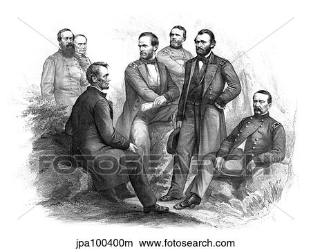 Stock Illustration - Digitally restored Civil War artwork of Abraham Lincoln and his commanders.. Fotosearch