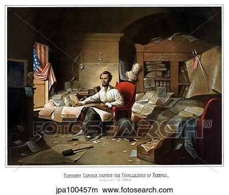 Stock Illustration - Digitally restored Civil War print of President Lincoln writing the Emancipation Proclamation.. Fotosearch
