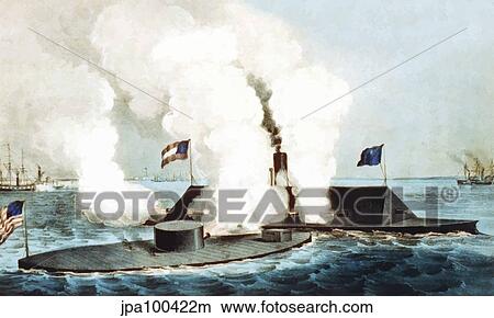 Stock Illustration - Digitally restored Civil War vector image showing the Battle of Hampton Roads.. Fotosearch
