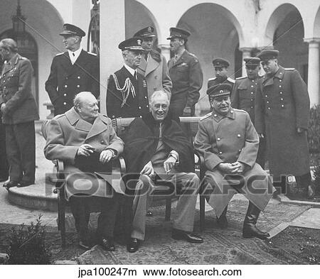 Picture - Digitally restored photo of leaders meeting at the Yalta Conference.. Fotosearch