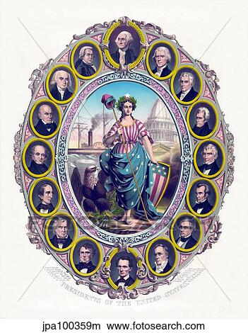 Digitally restored print featuring Lady Liberty and the first sixteen Presidents. View Large Illustration Stock Illustration - Digitally restored print featuring Lady Liberty and the first sixteen Presidents.. Fotosearch