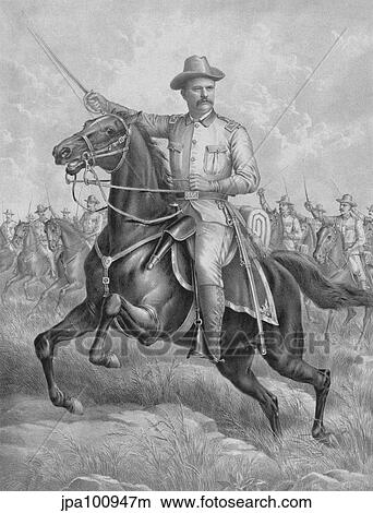 Digitally restored print of Colonel Theodore Roosevelt on horseback. View Large Illustration Stock Illustration - Digitally restored print of Colonel Theodore Roosevelt on horseback.. Fotosearch