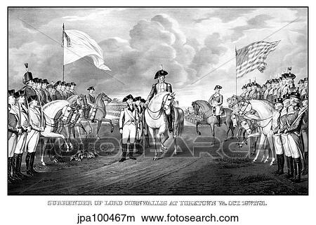 Stock Illustration - Digitally restored Revolutionary War print showing the surrender of British troops.. Fotosearch