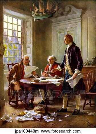 Stock Illustration - Digitally restored vector painting of the writing of the Declaration of Independence.. Fotosearch