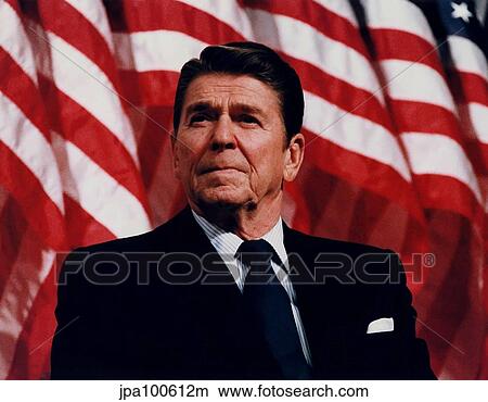 Digitally restored vector photo of President Ronald Reagan in front of American Flag. View Large Photo Image Picture - Digitally restored vector photo of President Ronald Reagan in front of American Flag.. Fotosearch