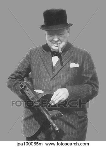 Digitally restored vector photo of Sir Winston Churchill with a Tommy Gun. View Large Illustration Stock Illustration - Digitally restored vector photo of Sir Winston Churchill with a Tommy Gun.. Fotosearch