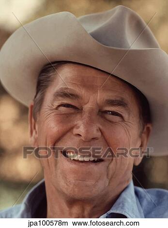 Digitally restored vector portrait of President Ronald Reagan wearing a cowboy hat. View Large Photo Image Picture - Digitally restored vector portrait of President Ronald Reagan wearing a cowboy hat.. Fotosearch