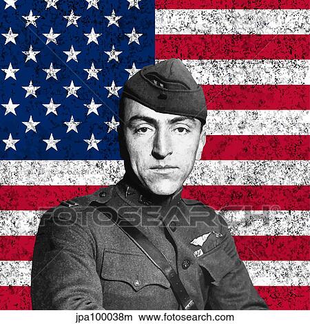 Stock Illustration - Digitally restored vector portrait of Eddie Rickenbacker in front of the American flag.. Fotosearch