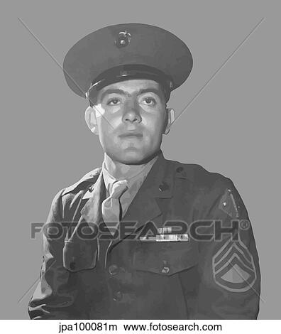 Stock Illustration - Digitally restored vector portrait of Gunnery Sergeant John Basilone.. Fotosearch
