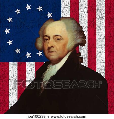 Stock Illustration - Digitally restored vector portrait of John Adams against the American Flag.. Fotosearch