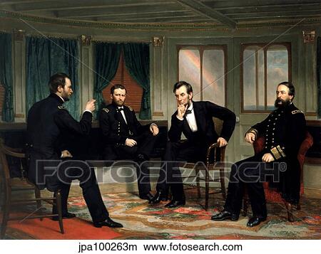 Stock Illustration - Digitally restored vectorized Civil War painting of The Peacemakers.. Fotosearch