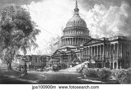Digitally restored vintage print of the U. S. Capitol Building. View Large Illustration Stock Illustration - Digitally restored vintage print of the U. S. Capitol Building.. Fotosearch