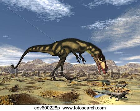 Dilong dinosaur hunting small lizards in the desert. View Large Illustration Stock Illustration - Dilong dinosaur hunting small lizards in the desert.. Fotosearch