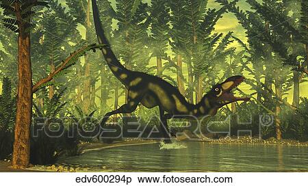 Dilong dinosaur running through a forest. View Large Illustration Stock Illustration - Dilong dinosaur running through a forest.. Fotosearch
