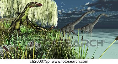 Dilong dinosaurs watch two Brachiosaurus wade across a lake. View Large Illustration Stock Illustration - Dilong dinosaurs watch two Brachiosaurus wade across a lake.. Fotosearch
