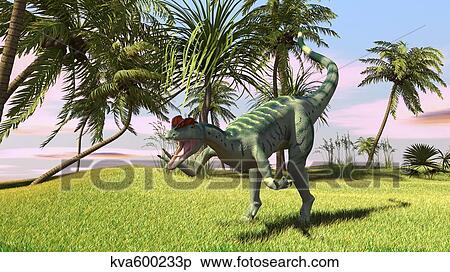 Stock Illustration - Dilophosaurus hunting in a field for its next meal.. Fotosearch