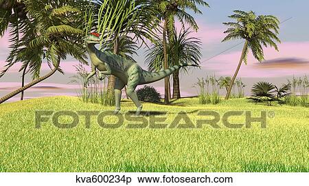 Dilophosaurus hunting in a field for its next meal. View Large Illustration Stock Illustration - Dilophosaurus hunting in a field for its next meal.. Fotosearch