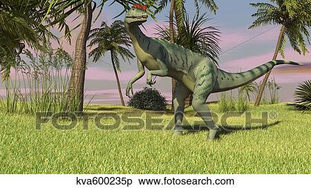 Dilophosaurus hunting in a field for its next meal. View Large Illustration Stock Illustration - Dilophosaurus hunting in a field for its next meal.. Fotosearch
