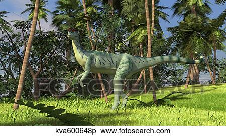 Dilophosaurus hunting in a prehistoric environment. View Large Illustration Stock Illustration - Dilophosaurus hunting in a prehistoric environment.. Fotosearch