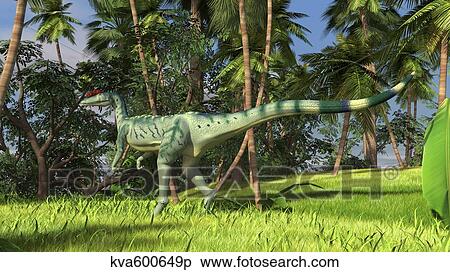 Dilophosaurus hunting in a prehistoric environment. View Large Illustration Stock Illustration - Dilophosaurus hunting in a prehistoric environment.. Fotosearch