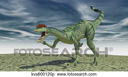 Dilophosaurus hunting in an open desert. View Large Illustration Stock Illustration - Dilophosaurus hunting in an open desert.. Fotosearch
