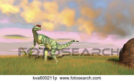 Dilophosaurus hunting in an open field. View Large Illustration Stock Illustration - Dilophosaurus hunting in an open field.. Fotosearch