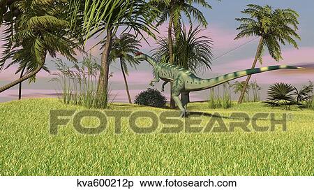 Stock Illustration - Dilophosaurus hunting in an open field.. Fotosearch