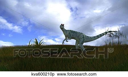 Stock Illustration - Dilophosaurus in a grassy field.. Fotosearch