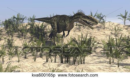 Dilophosaurus running across desert terrain. View Large Illustration Stock Illustration - Dilophosaurus running across desert terrain.. Fotosearch