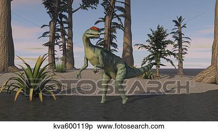 Stock Illustration - Dilophosaurus standing in shallow water.. Fotosearch