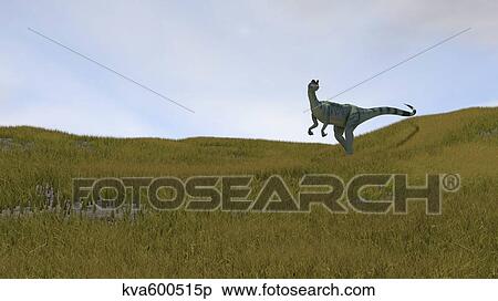 Dilophosaurus walking across prehistoric grasslands. View Large Illustration Stock Illustration - Dilophosaurus walking across prehistoric grasslands.. Fotosearch