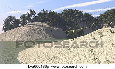 Stock Illustration - Dilophosaurus walking along the bay.. Fotosearch